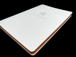 Large Saffiano PU White Leather Journal, 10” X 7”, 120 GSM, Rose Gold Gilded Edges, Satin Ribbon, 25 Lines/Page, 192 Pages, In Box. - HighlanderPen