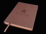 Medium Dark Brown Saffiano PU Leather Journal, 8 1/4” X 5 3/4”, 120 GSM, Rose Gold Gilded Edges, Satin Ribbon, 25 Lines/Page, 192 Pages, In Box. - HighlanderPen