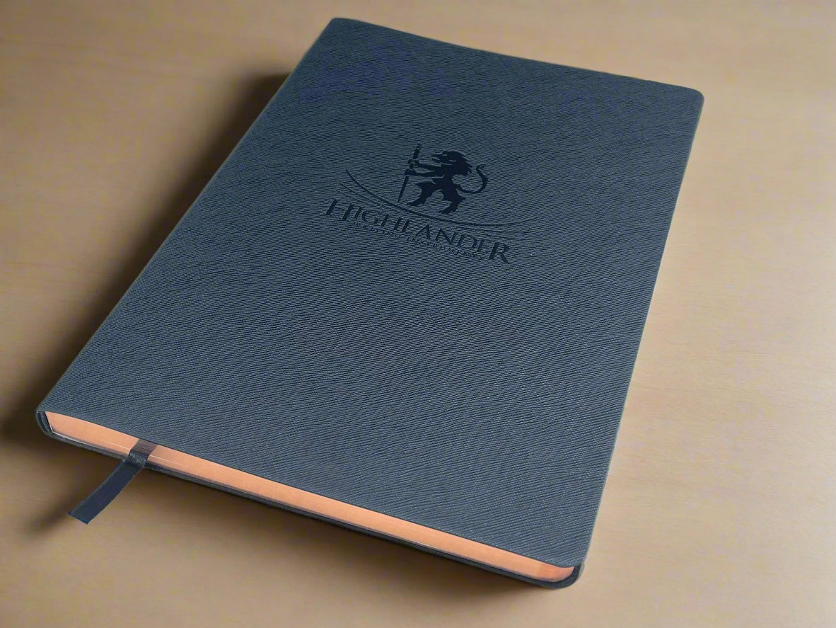 Large Saffiano Journal, 10” X 7”, 120 gsm, Rose Gold Gilded Edges on a tan background