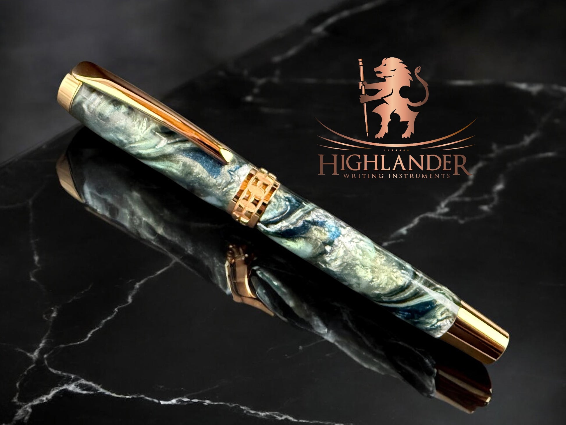 “Narwhal's” Highlander Collection Red Gold Rollerball Pen. A Custom Blend Of Velvet Blue, Light Green Tinged with Grey Nuances, Silver, And Khaki.