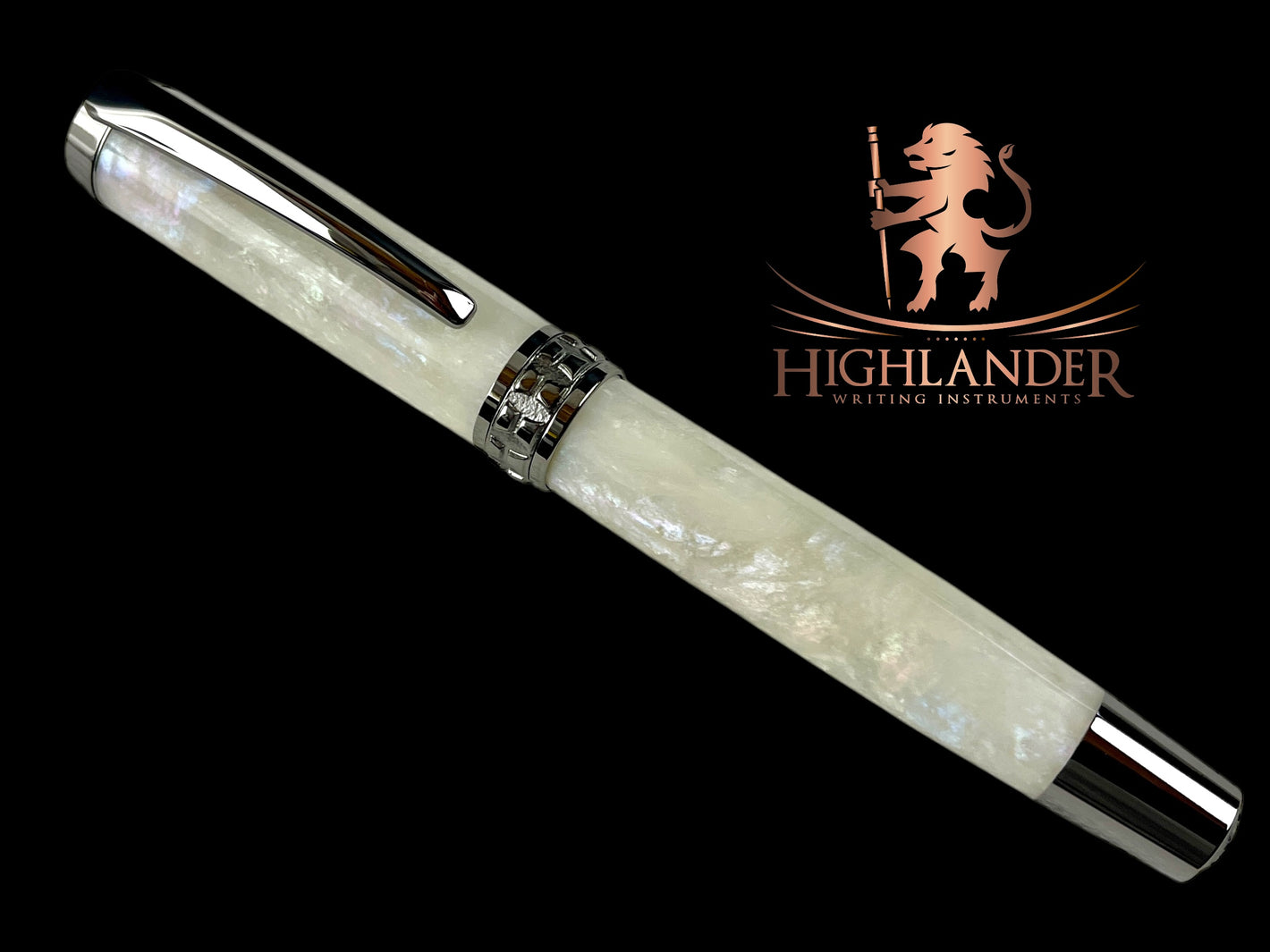 Black Titanium “Pearly White” Handmade Rollerball Pen. One of a Kind. Handcrafted in CO. Ink, Box & Sleeve Included, by Highlander Pen. [ML-RB-1201-05]