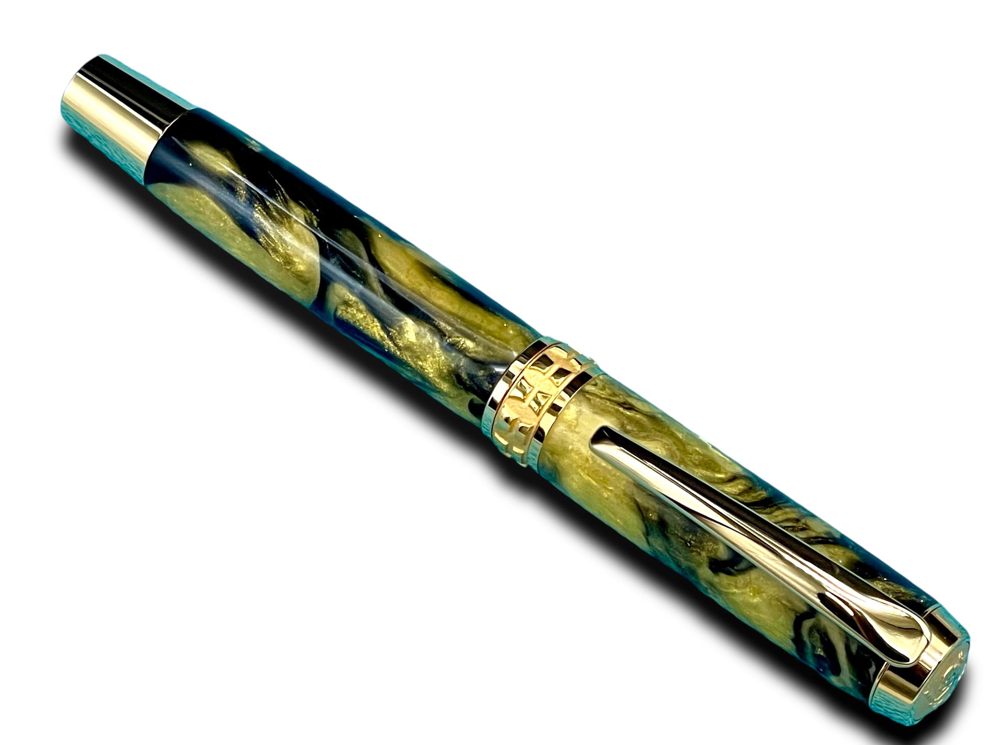 Elegant “Gold Swirl” Handcrafted Gold Rollerball Pen, One of a Kind, Handmade in Colorado. Ink, Velvet Sleeve, and Pen Box Included. - HighlanderPen