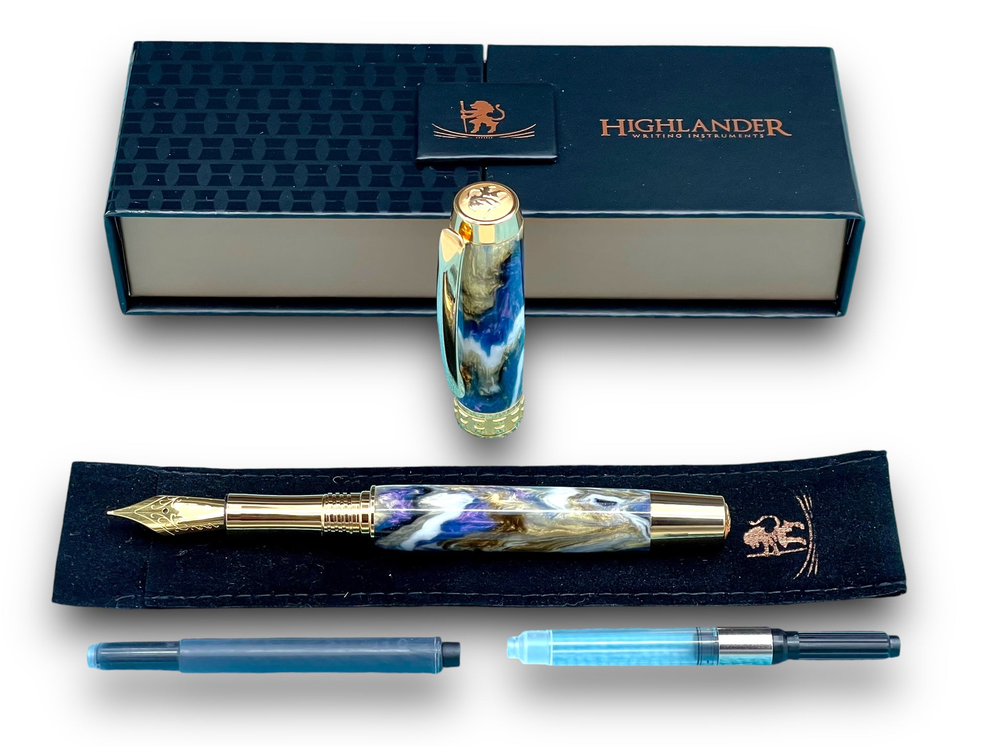 Elegant “Purple and Gold” Handcrafted Luxury Gold Fountain Pen, One of a Kind, Handmade in Colorado. Ink, Converter, Sleeve, & Box Included. - HighlanderPen