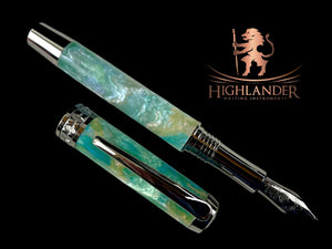 Black Titanium “Emerald Opal” Handmade Fountain Pen, One of a Kind. Ink, Converter, Box & Sleeve Included. Handcrafted By Highlander Pen. [ML-FP-1219-02]