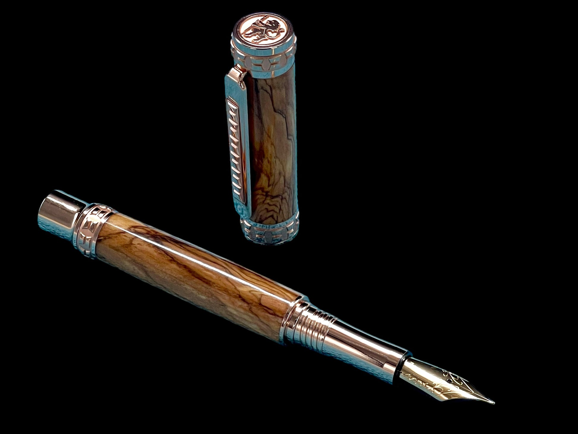 Highlander Edinburgh Certified Bethlehem Olivewood Rose Gold Fountain Pen, Handcrafted in CO. Ink, Converter, Pen Sleeve, & Box Included. - HighlanderPen