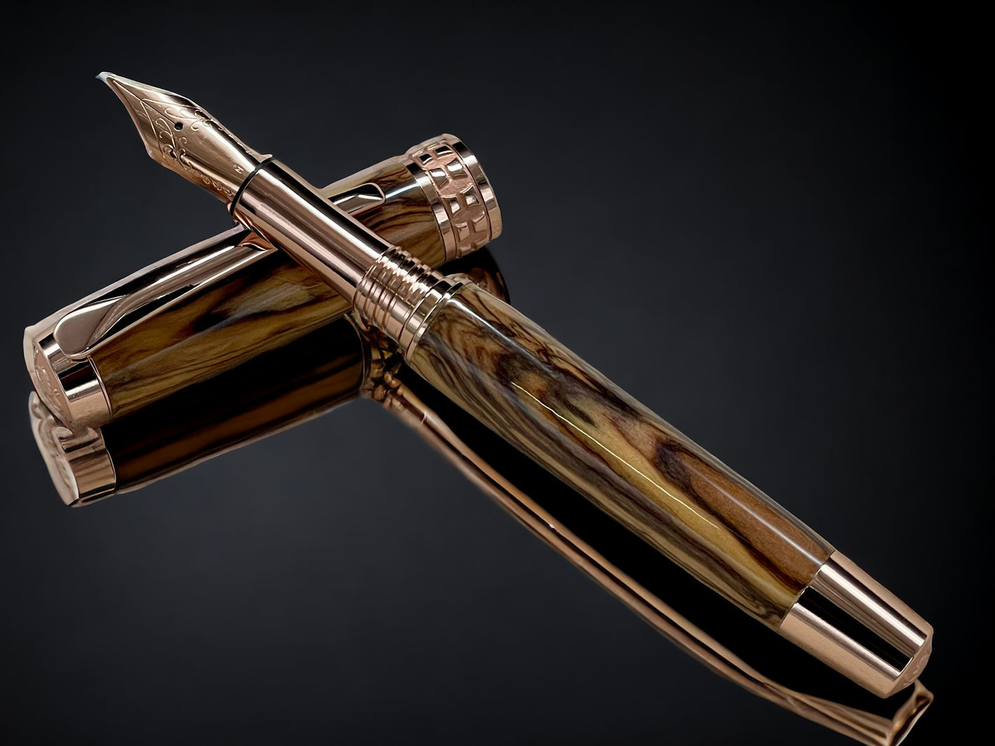 “Bethlehem Olivewood”, Rose Gold Fountain Pen, Artisan Handcrafted Writing Instrument. Simple to Use. Handmade in CO with Custom Hardware. - HighlanderPen