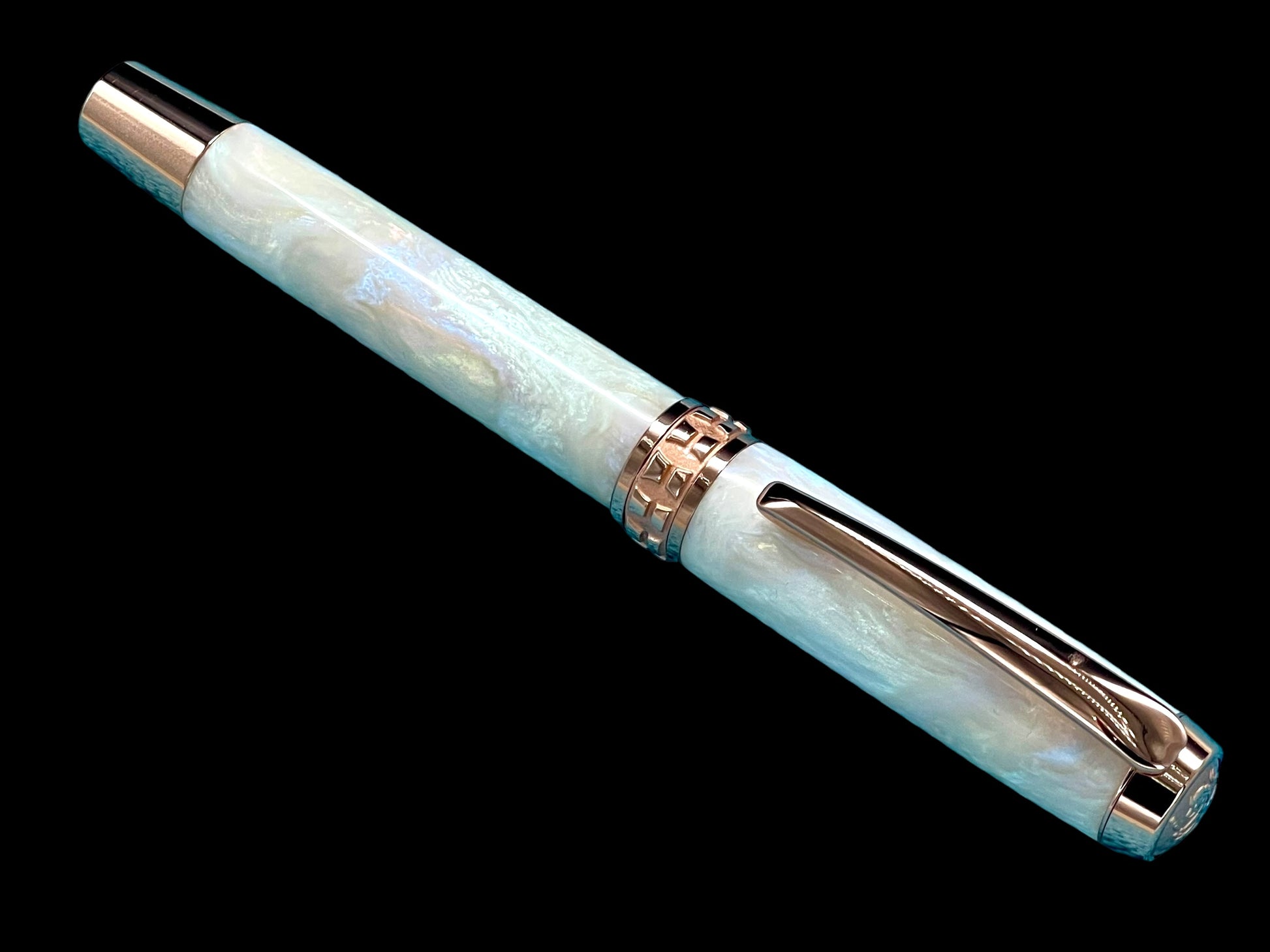 Elegant “Pearly Opal” Rose Gold Acrylic Rollerball Pen, Artisan Handcrafted Writing Instrument. One of a Kind, with Box, Felt Sleeve, & Ink. - HighlanderPen