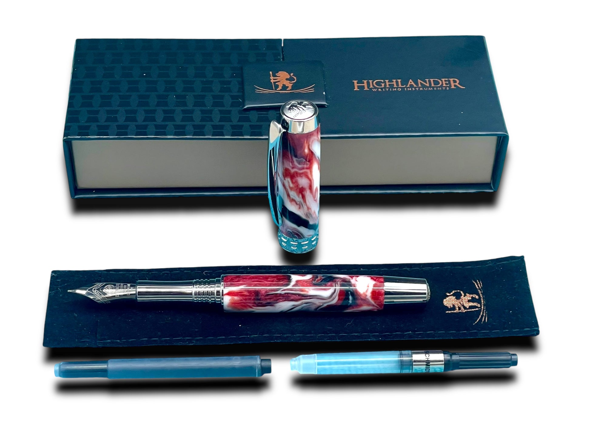 Elegant “Red Black Swirl” Black Titanium Fountain Pen, Artisan Handcrafted Writing Instrument. Converter, Ink, Sleeve & Box Included. - HighlanderPen