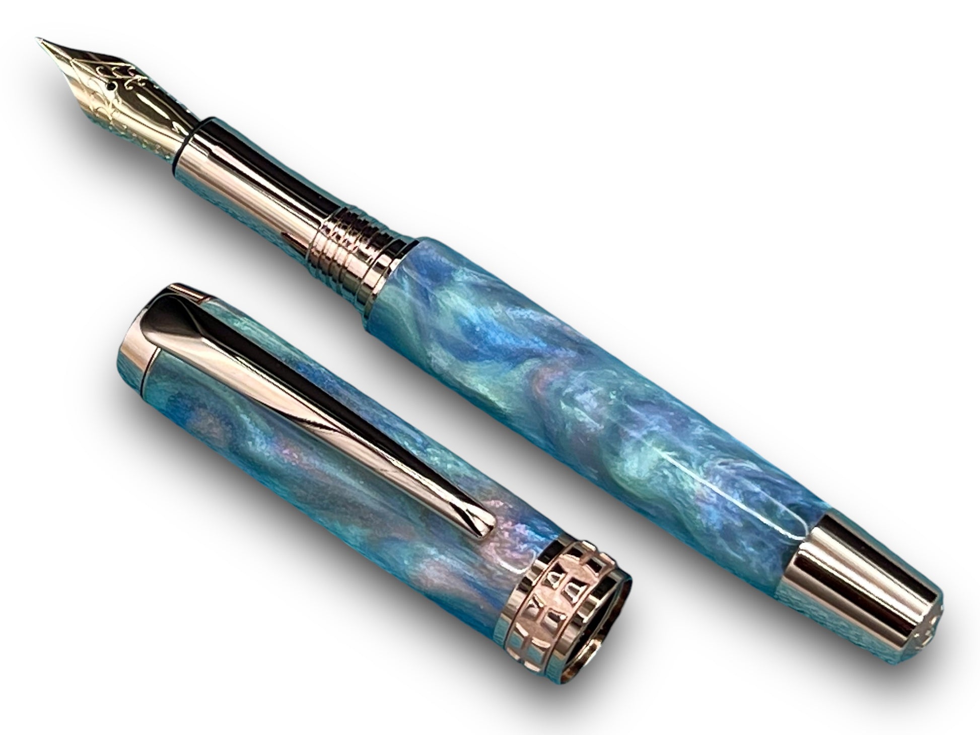 Elegant “Black Opal” Rose Gold Acrylic Fountain Pen, One of a Kind, Handmade in Colorado. Ink, Converter, Pen Sleeve & Box Included. - HighlanderPen