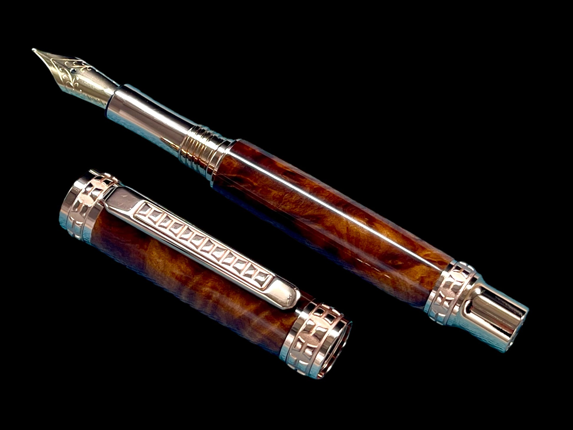 Highlander Edinburgh Exotic Thuja Burl Wood Rose Gold Fountain Pen, Handcrafted in CO. Ink, Converter, Pen Sleeve, & Box Included. - HighlanderPen