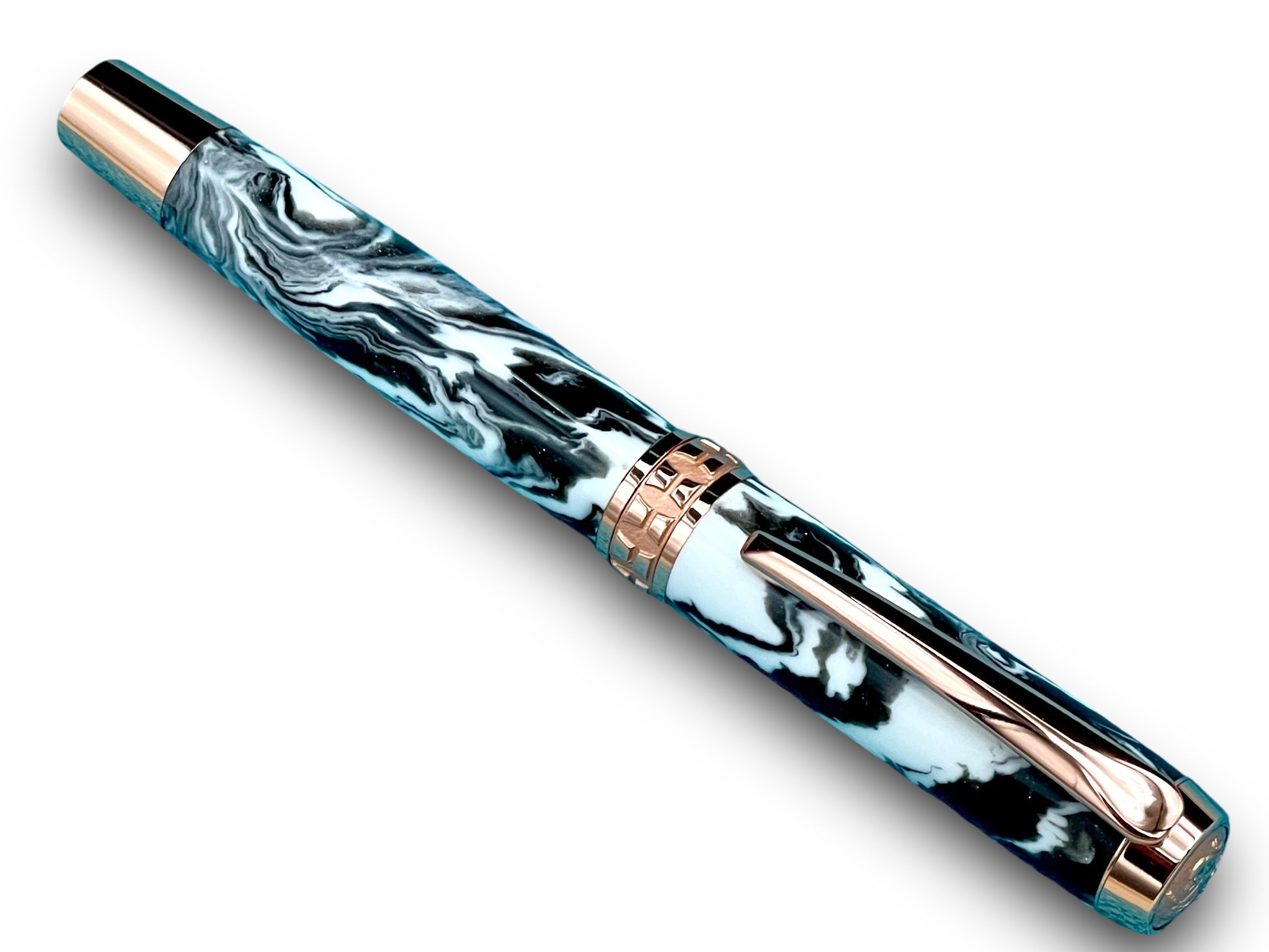 Timeless “Imperial Black” Rose Gold Acrylic Rollerball Pen, Artisan Handcrafted Writing Instrument. One of a Kind, with Box, Sleeve, & Ink. - HighlanderPen