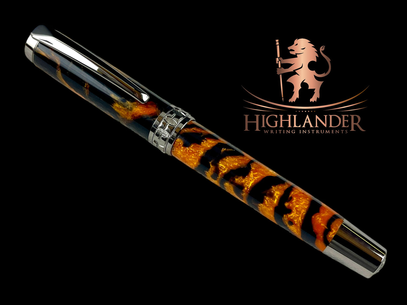 Black Titanium “Tangerine Zebra” Handmade Rollerball Pen. One of a Kind. Handcrafted in CO. Ink, Box & Sleeve Included, by Highlander Pen. [ML-RB-1207-02]