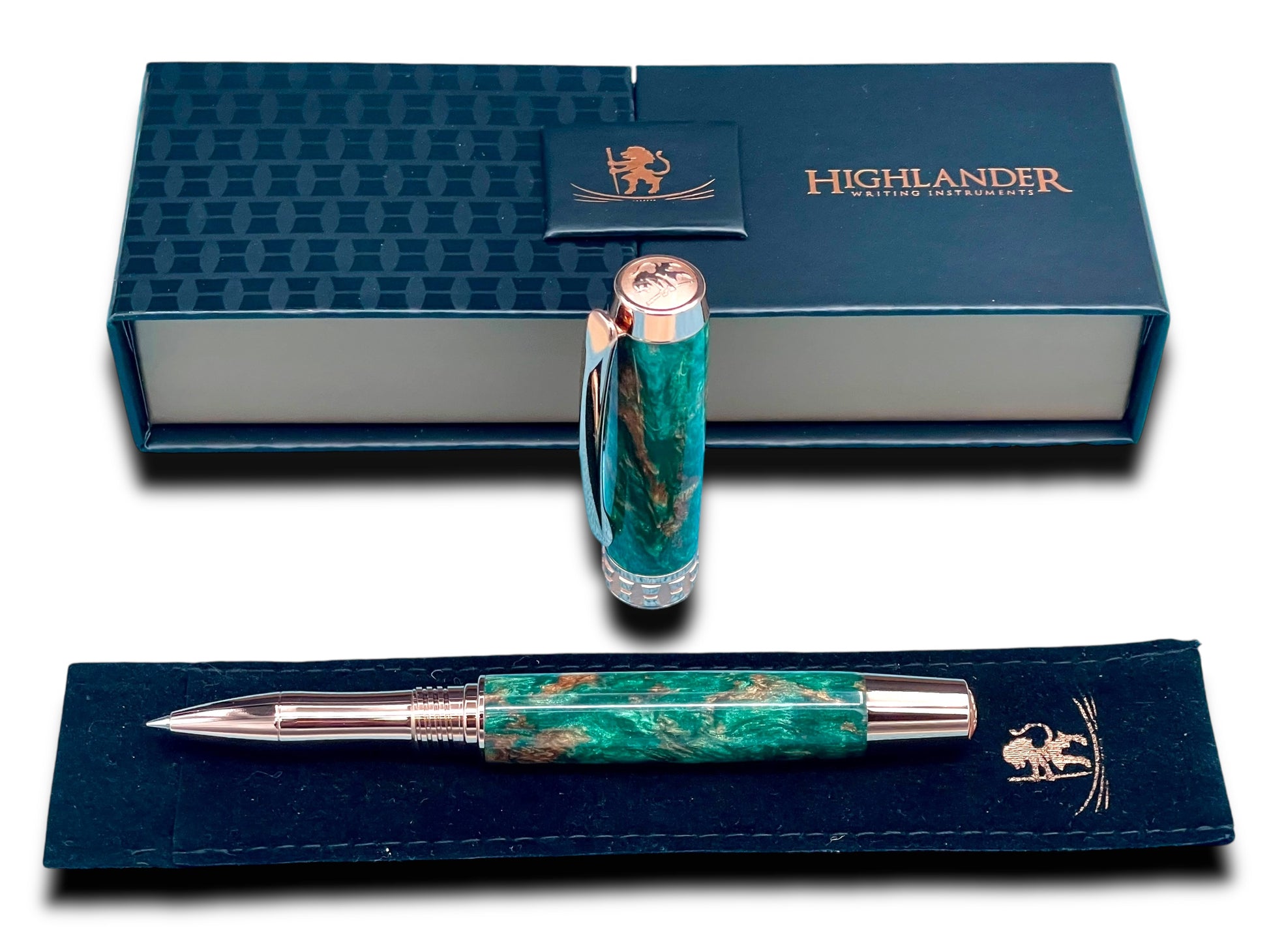 Elegant “British Racing Green”, Rose Gold Acrylic Rollerball Pen, Artisan Handcrafted Writing Instrument. One of a Kind, with Box, Sleeve, & Ink. - HighlanderPen