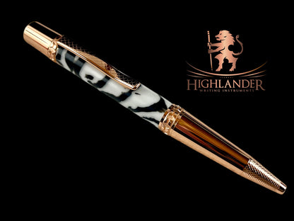 Rose Gold "White Zebra" Handmade Glasgow Ballpoint Pen. One of a Kind, Handcrafted by Highlander Pen in CO. Box, Ink, & Sleeve Included. [ML-BP-1205-01]