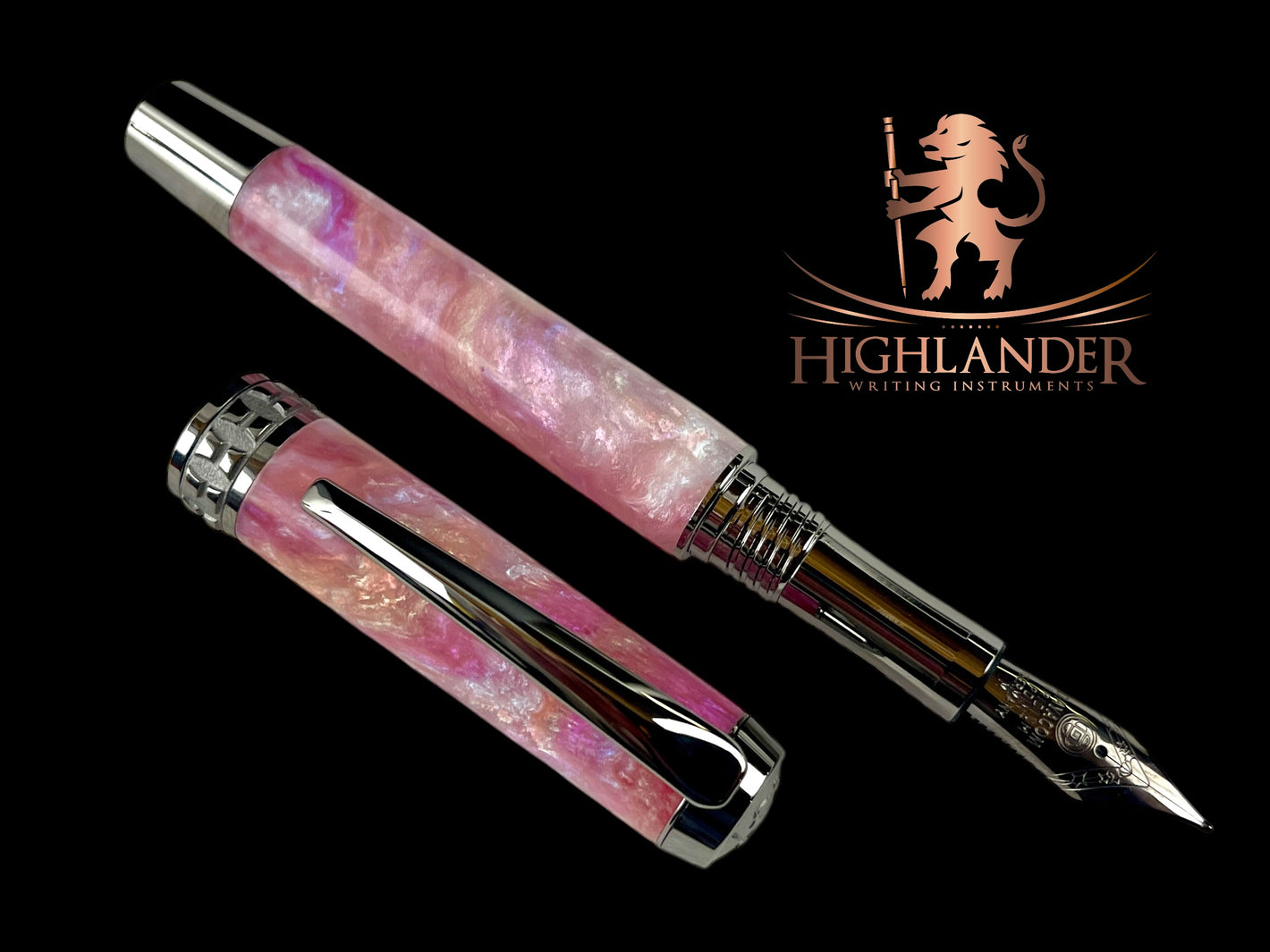 Black Titanium “Rose Opal” Handmade Fountain Pen, One of a Kind. Ink, Converter, Box & Sleeve Included. Handcrafted By Highlander Pen. [ML-FP-1219-03]