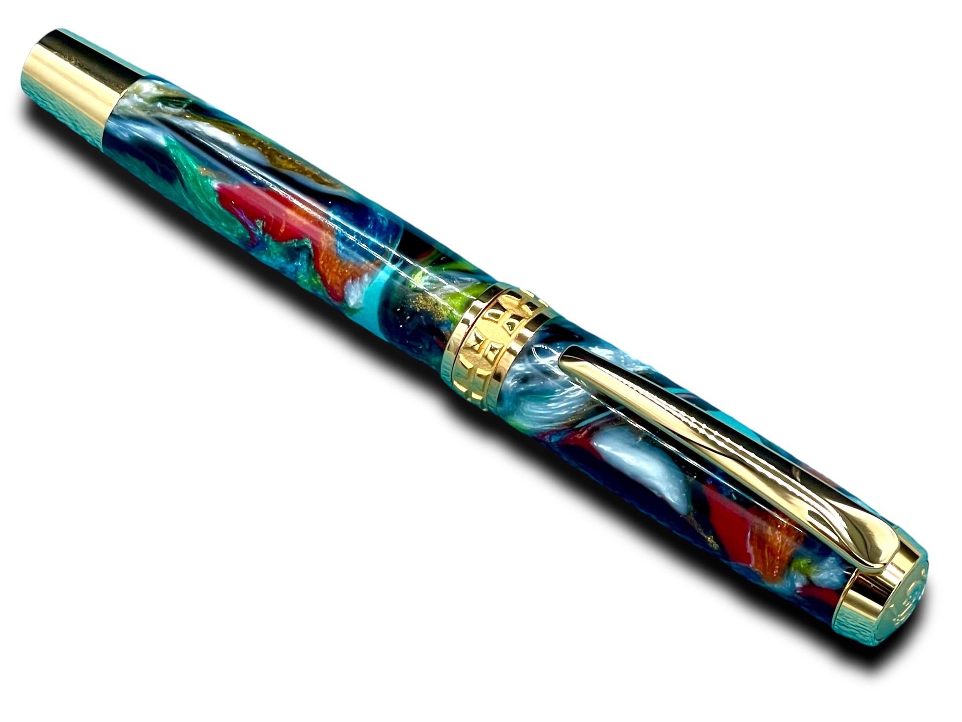 Elegant “Bright Swirls” Handcrafted Gold Rollerball Pen, One of a Kind, Handmade in Colorado. Ink, Velvet Sleeve, and Pen Box Included. - HighlanderPen