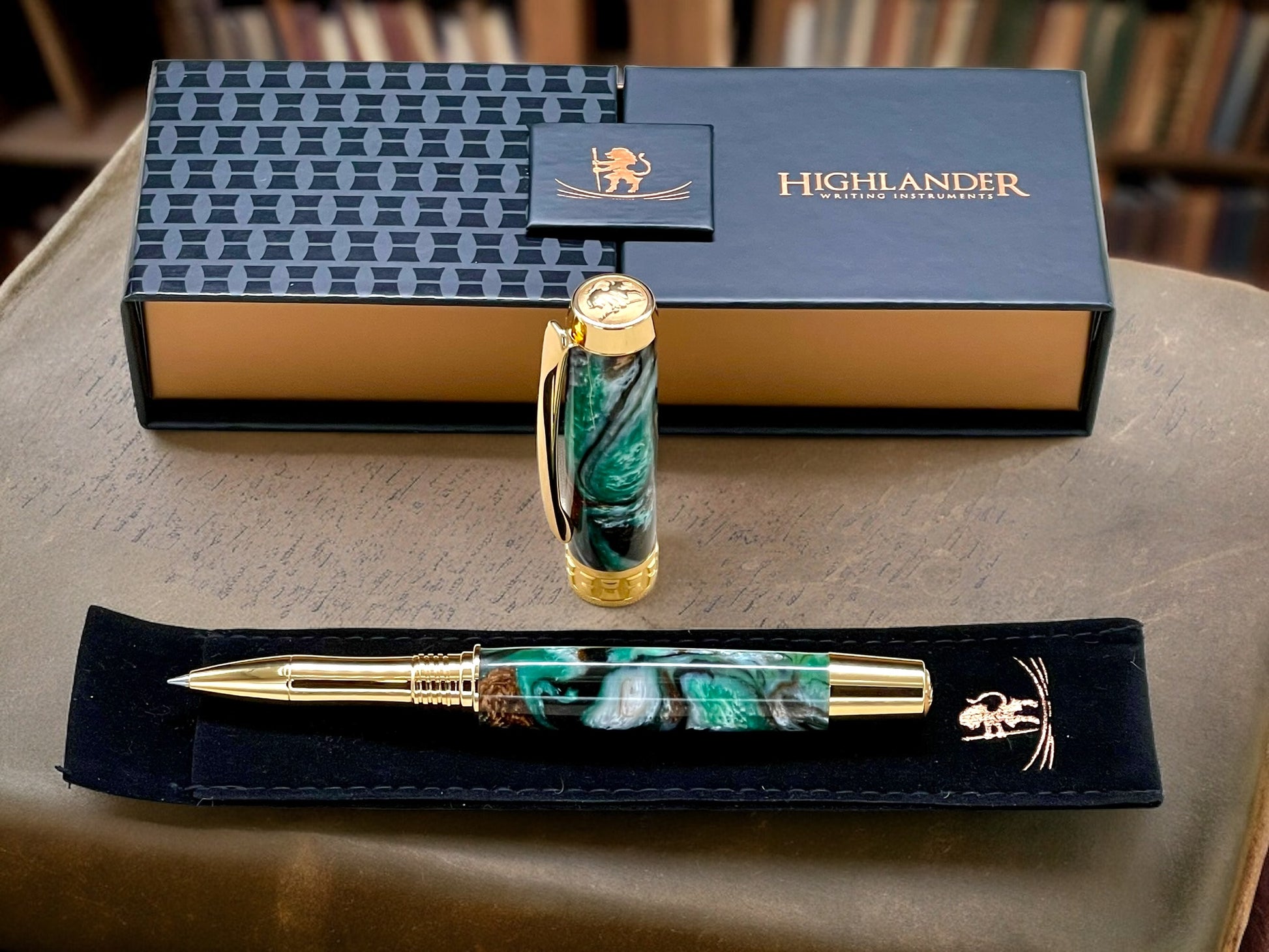 Elegant “Green & Bronze Swirl" Gold Rollerball Pen, Artisan Handcrafted Writing Instrument. Handmade Custom in Colorado. One of a Kind. - HighlanderPen