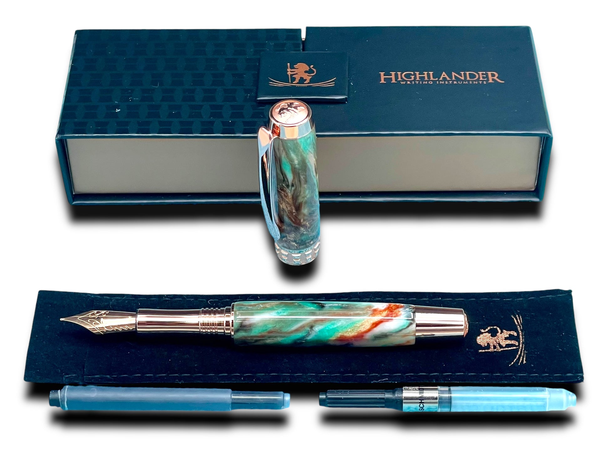 Striking “Green-Bronze Acrylic” Rose Gold Fountain Pen, One of a Kind, Handmade in Colorado. Ink, Converter, Pen Sleeve & Box Included. - HighlanderPen