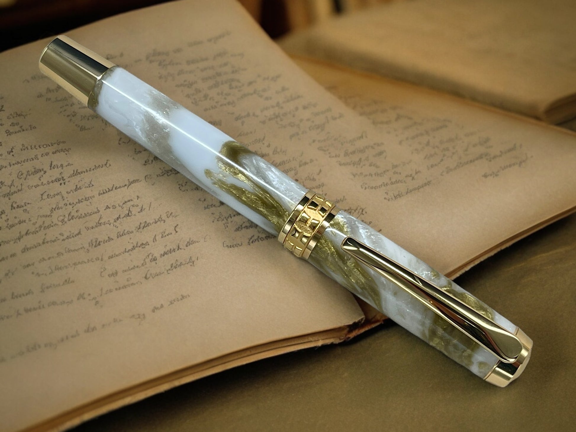 Elegant “Gold Marble” Gold Rollerball Pen, Artisan Handcrafted Writing Instrument. Handmade with Custom Hardware in Colorado. One of a Kind. - HighlanderPen