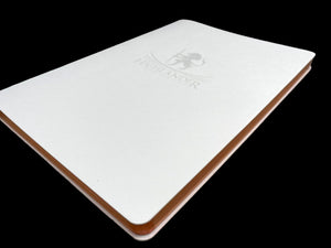 Large Saffiano PU White Leather Journal, 10” X 7”, 120 GSM, Rose Gold Gilded Edges, Satin Ribbon, 25 Lines/Page, 192 Pages, In Box. - HighlanderPen
