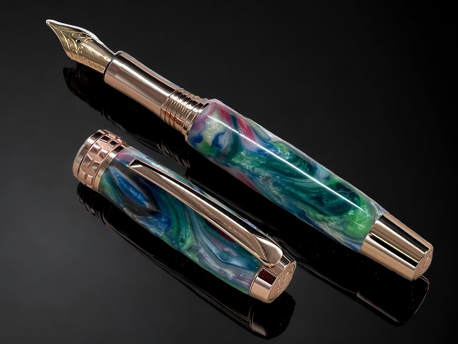 “Spring Bouquet”, One of a Kind, Rose Gold, Acrylic Handcrafted Fountain Pen. Custom, Artisan Rare & Unique, Handmade in Colorado. - HighlanderPen