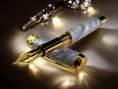 "Amethyst Opal" Highlander Gold Fountain Pen. One Of A Kind, Handcrafted In Lone Tree, Colorado.  Includes Ink, Converter, Box & Sleeve. [ML-FP-0116-01]