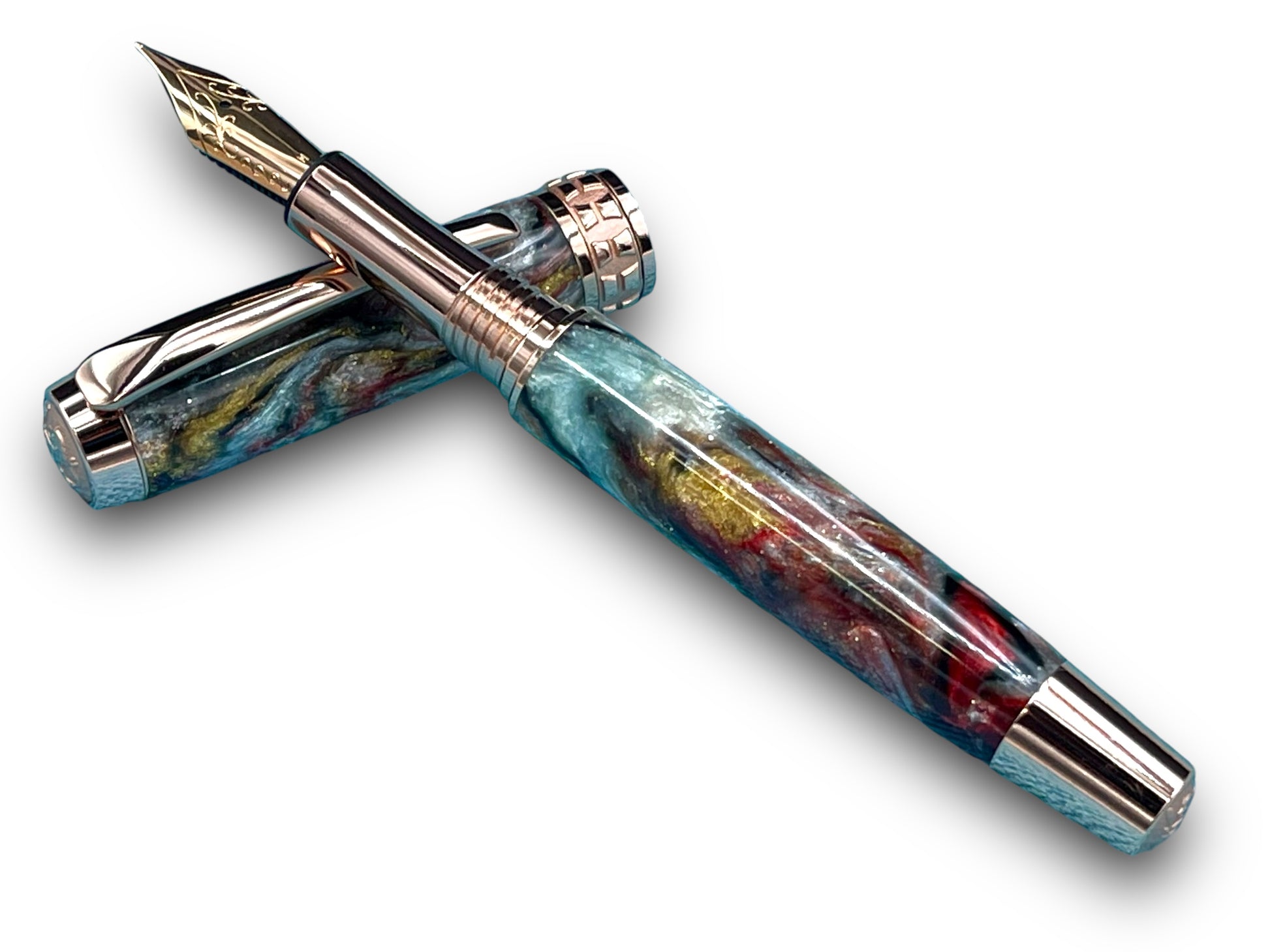 Elegant “Mosaic Glass” Rose Gold Acrylic Fountain Pen, One of a Kind, Handmade in Colorado. Ink, Converter, Pen Sleeve & Box Included. - HighlanderPen