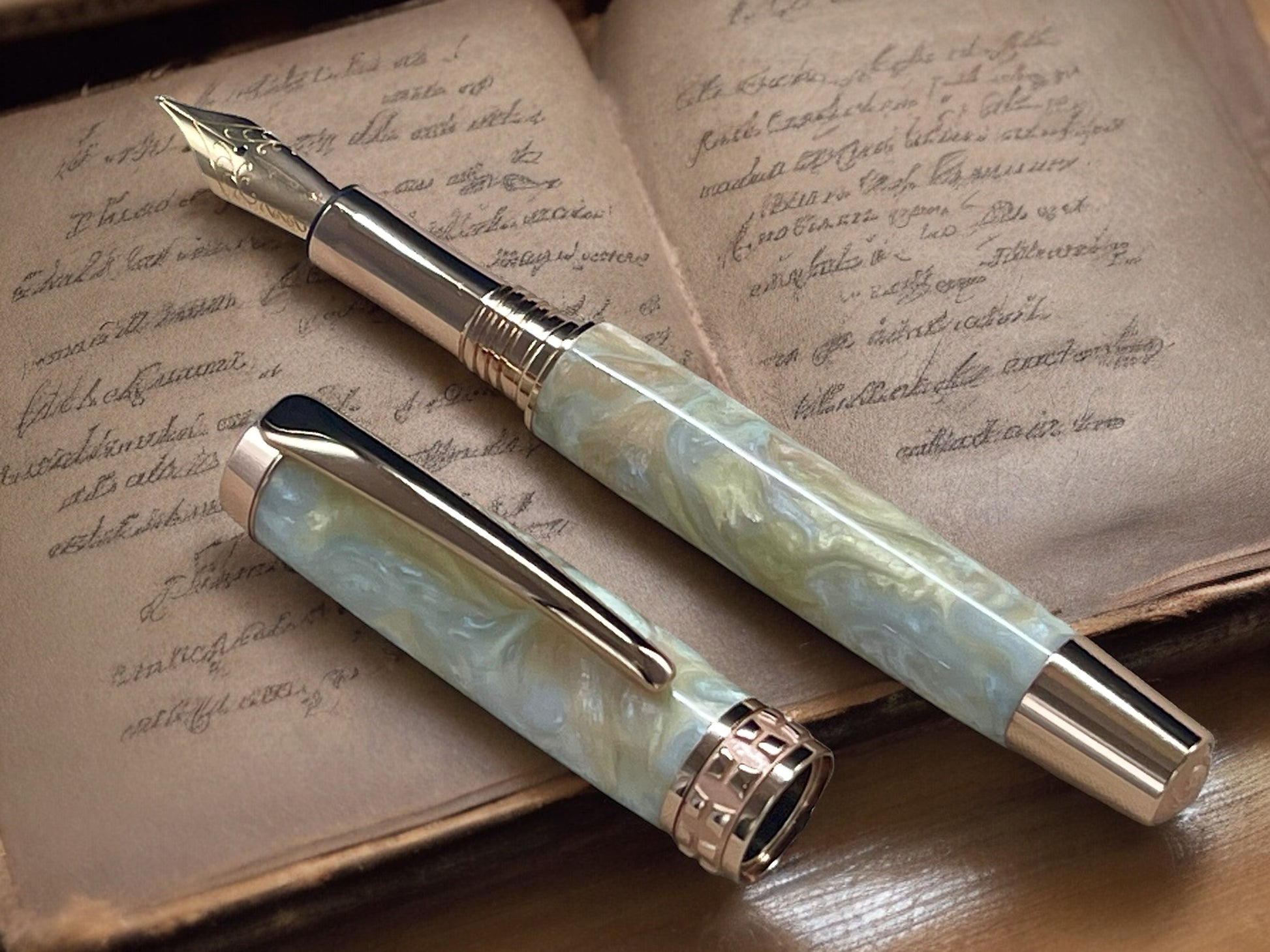 Elegant Pastel Opal Rose Gold Fountain Pen, Artisan Handcrafted Writing Instrument. Simple to Use. Handmade Custom in CO USA. One of a Kind - HighlanderPen