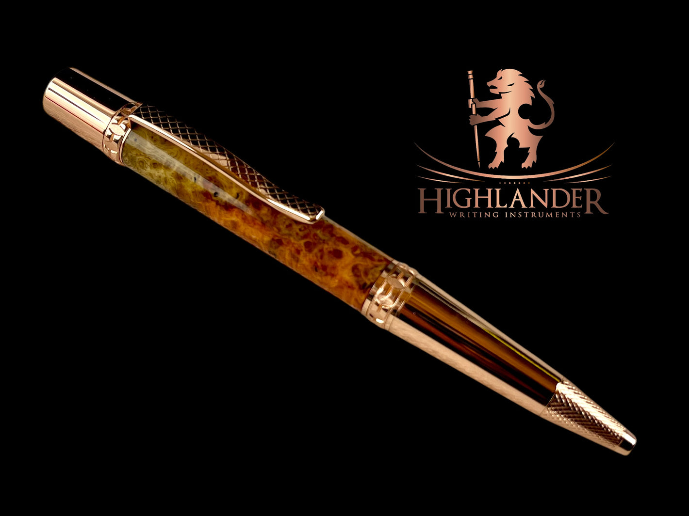 Red Gold Extraordinary Amboyna Burl Wood Handmade Glasgow Ballpoint Pen. One of a Kind, Handcrafted by Highlander Pen. Box, Ink, & Sleeve Included. [ML-BP-1220-01]