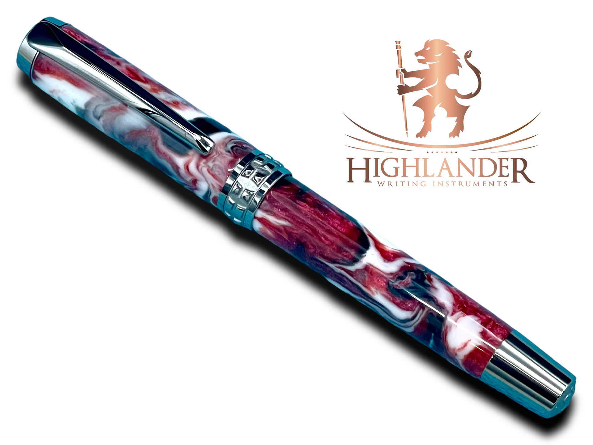 Elegant “Red Black Swirl” Black Titanium Fountain Pen, Artisan Handcrafted Writing Instrument. Converter, Ink, Sleeve & Box Included. - HighlanderPen