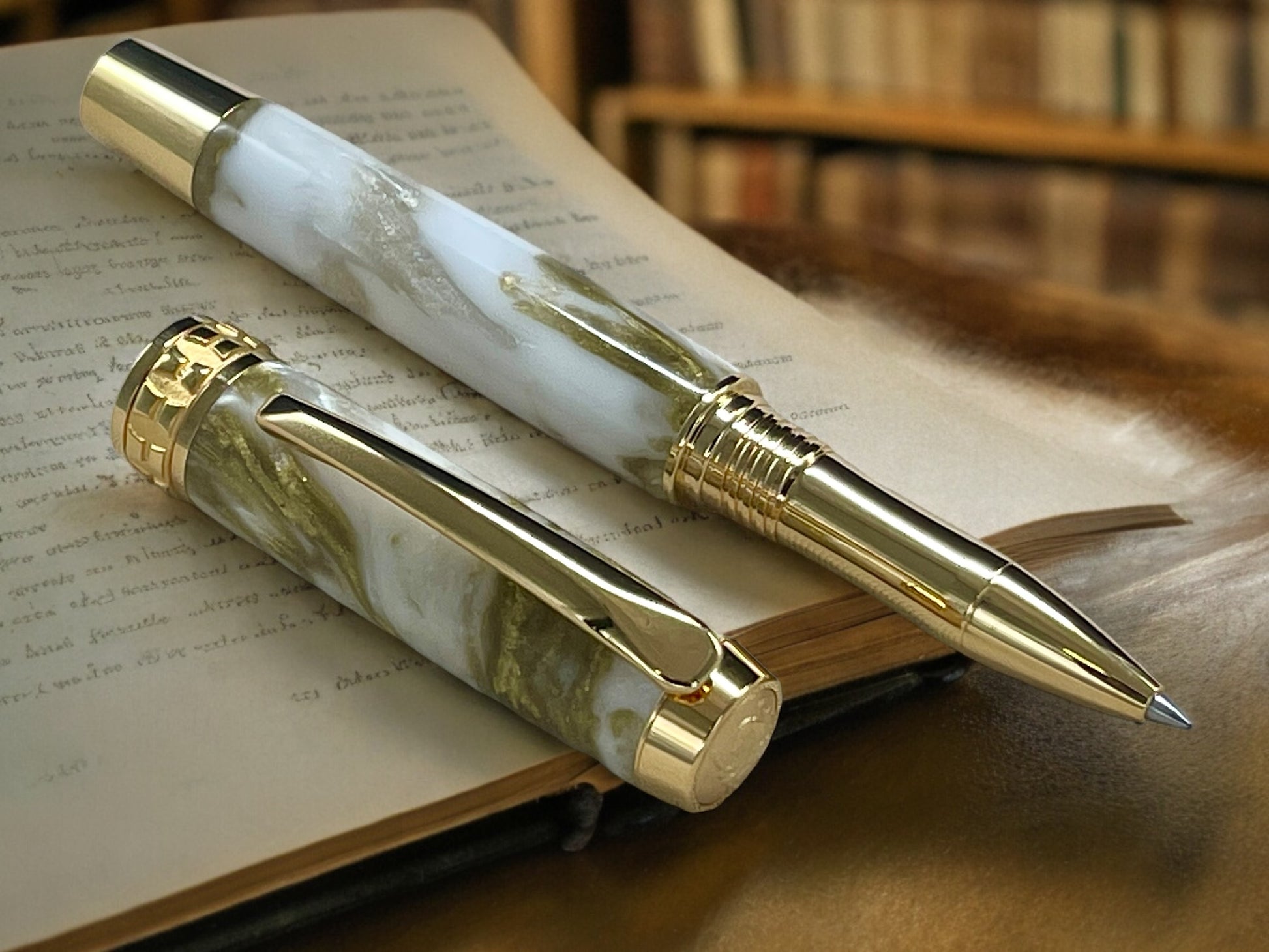 Elegant “Gold Marble” Gold Rollerball Pen, Artisan Handcrafted Writing Instrument. Handmade with Custom Hardware in Colorado. One of a Kind. - HighlanderPen