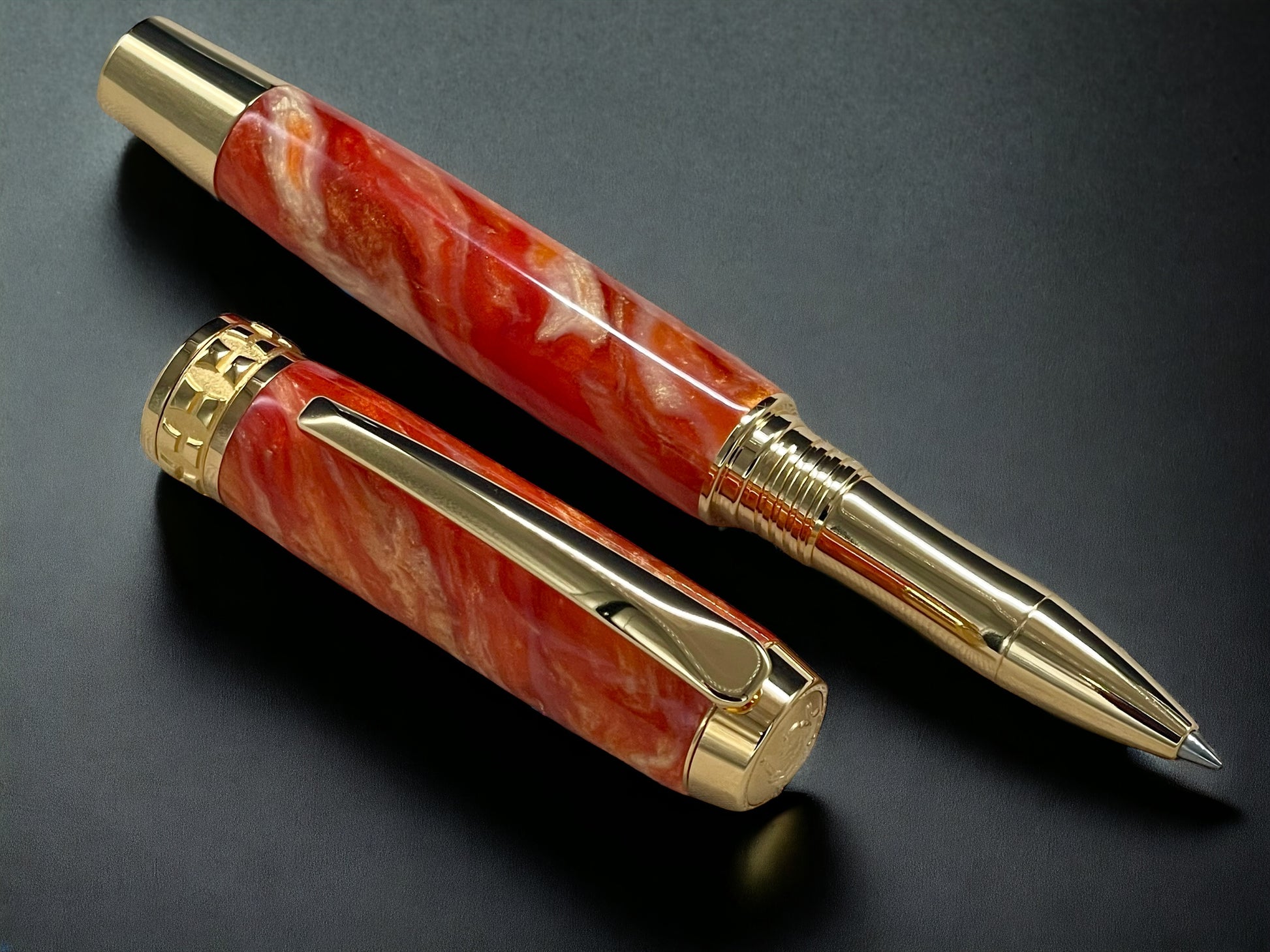 “Orangesicle Swirl”, One of a Kind, Gold Handmade Custom Rollerball Pen. Artisan Rare & Unique, Completely Handcrafted in Co, USA - HighlanderPen