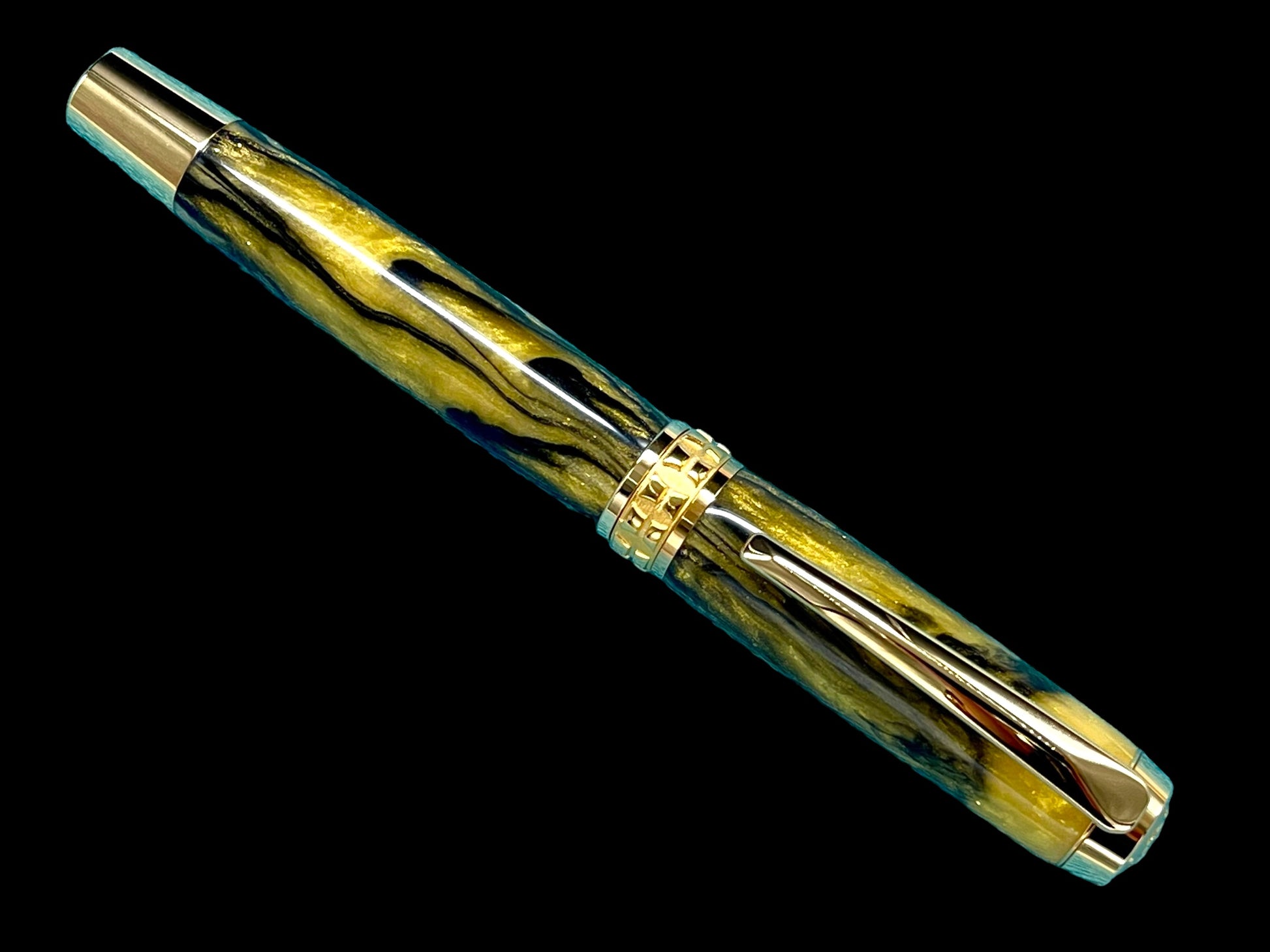 Striking “Gold and Black” Handcrafted Luxury Gold Fountain Pen, One of a Kind, Handmade in Colorado. Ink, Converter, Sleeve, & Box Included. - HighlanderPen