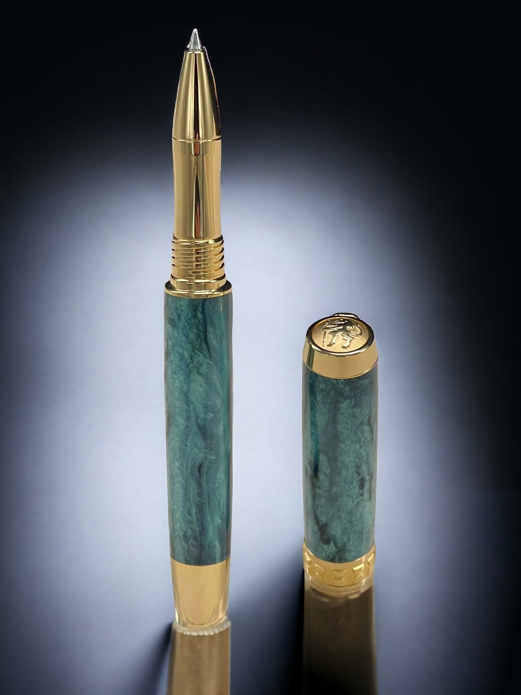 Iridescent Green, One of a Kind Gold, Handmade Custom Acrylic Rollerball Pen. Artisan Rare & Unique, Completely Handcrafted  in Co, USA - HighlanderPen