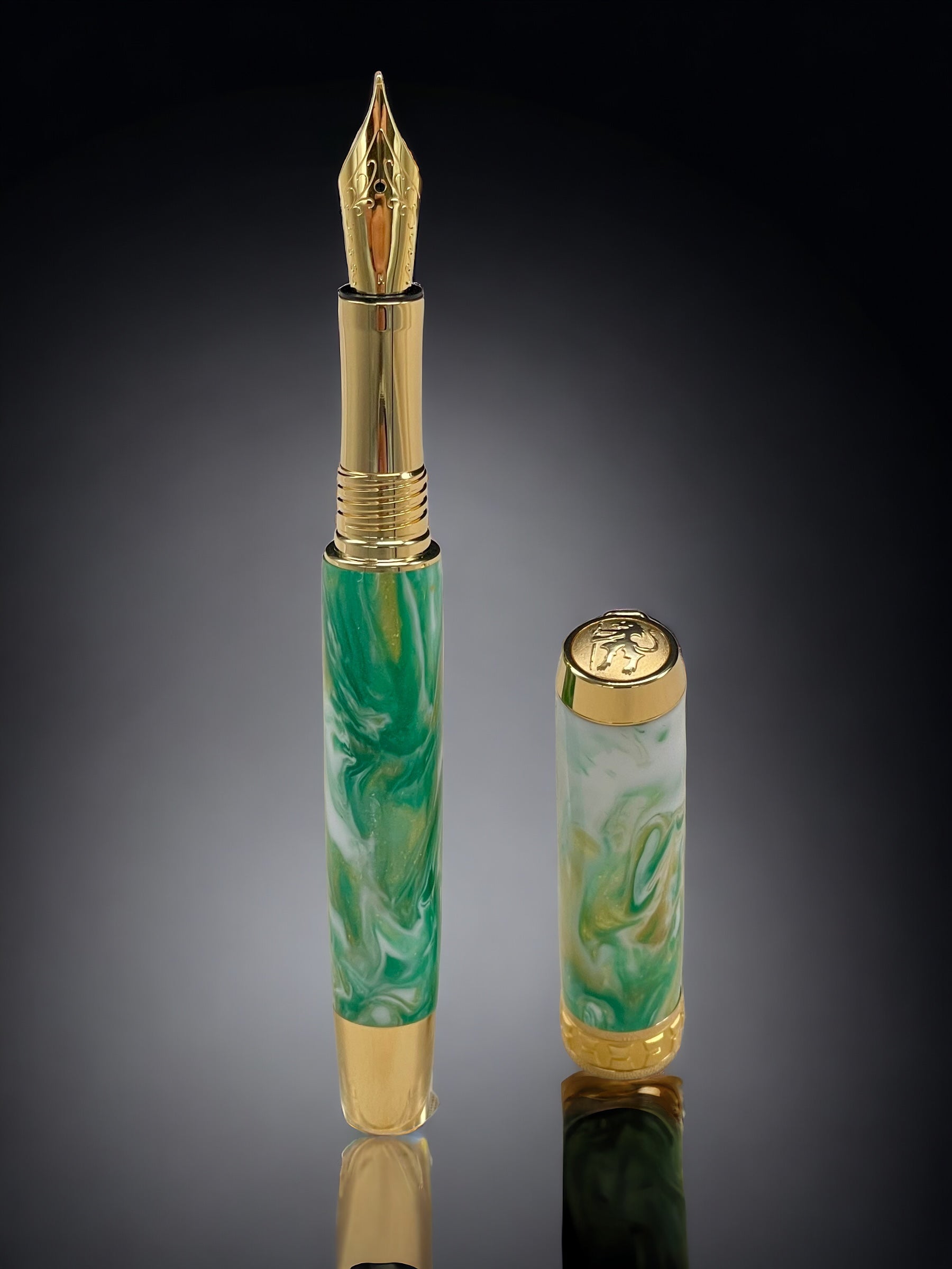 “Emerald Swirl”, One of a Kind, Handmade Custom Gold “SKYE” Fountain Pen. Artisan Rare & Unique, Completely Handcrafted  in Colorado, USA - HighlanderPen