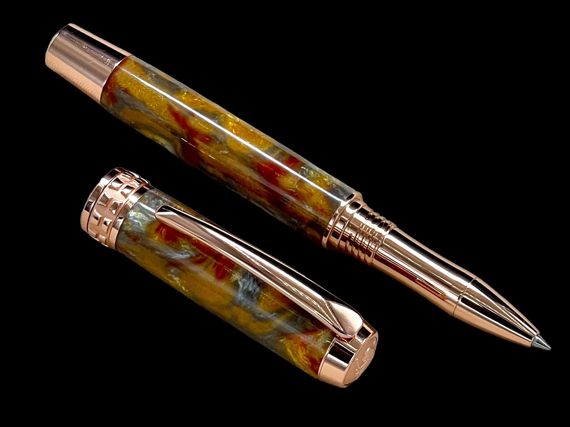 Striking “Molten Metals” Rose Gold Acrylic Rollerball Pen, Artisan Handcrafted Writing Instrument. Handmade Custom in CO USA. One of a Kind. - HighlanderPen