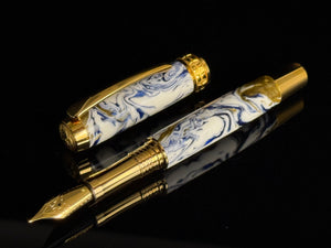 Ming Dynasty | Gold Fountain Pen | Blue, White & Gold Resin | Handcrafted by Highlander
