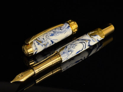 Ming Dynasty | Gold Fountain Pen | Blue, White & Gold Resin | Handcrafted by Highlander