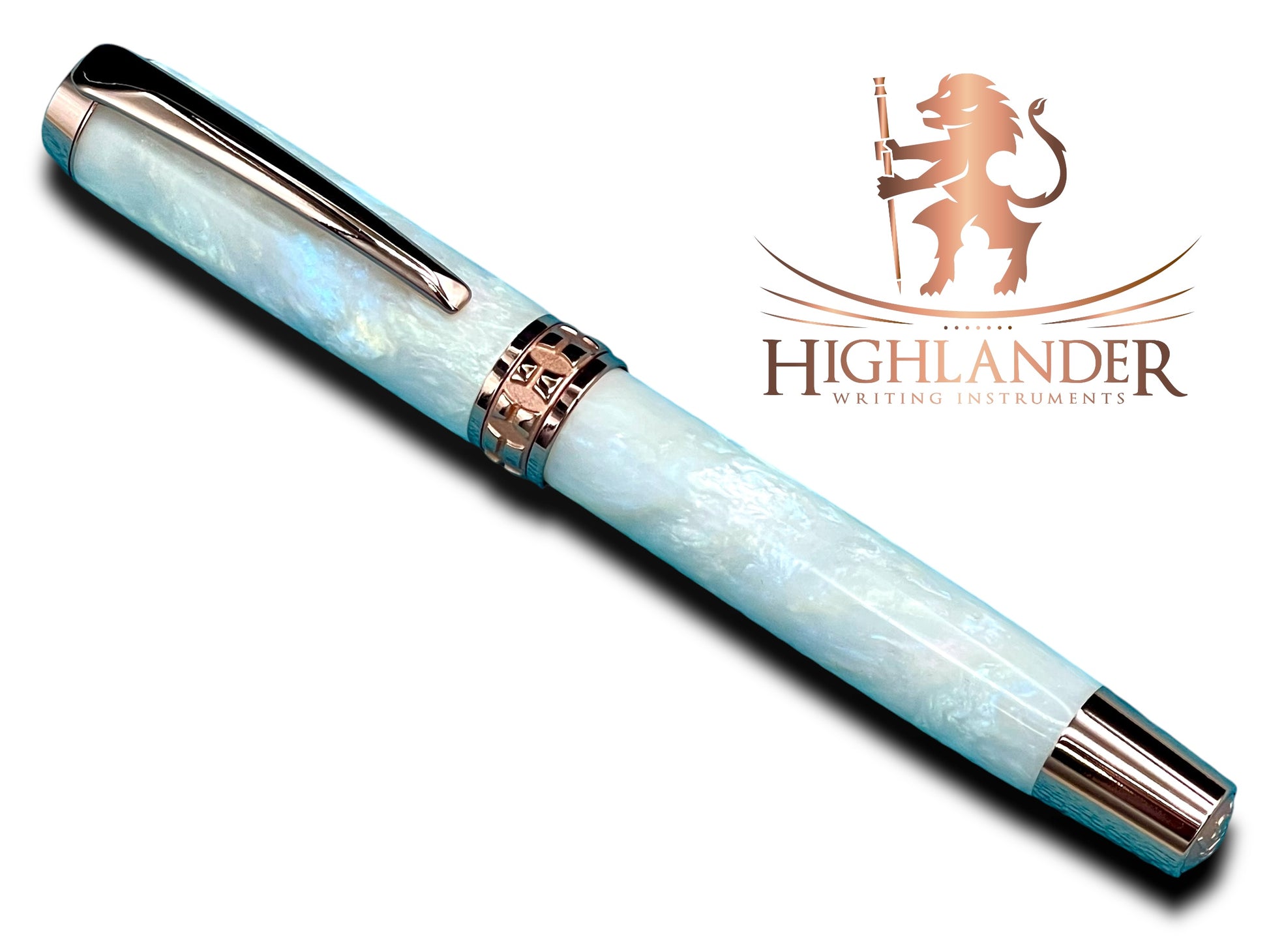 Elegant “Pearly Opal Acrylic” Rose Gold Fountain Pen, One of a Kind, Handmade in Colorado. Ink, Converter, Pen Sleeve & Box Included. - HighlanderPen