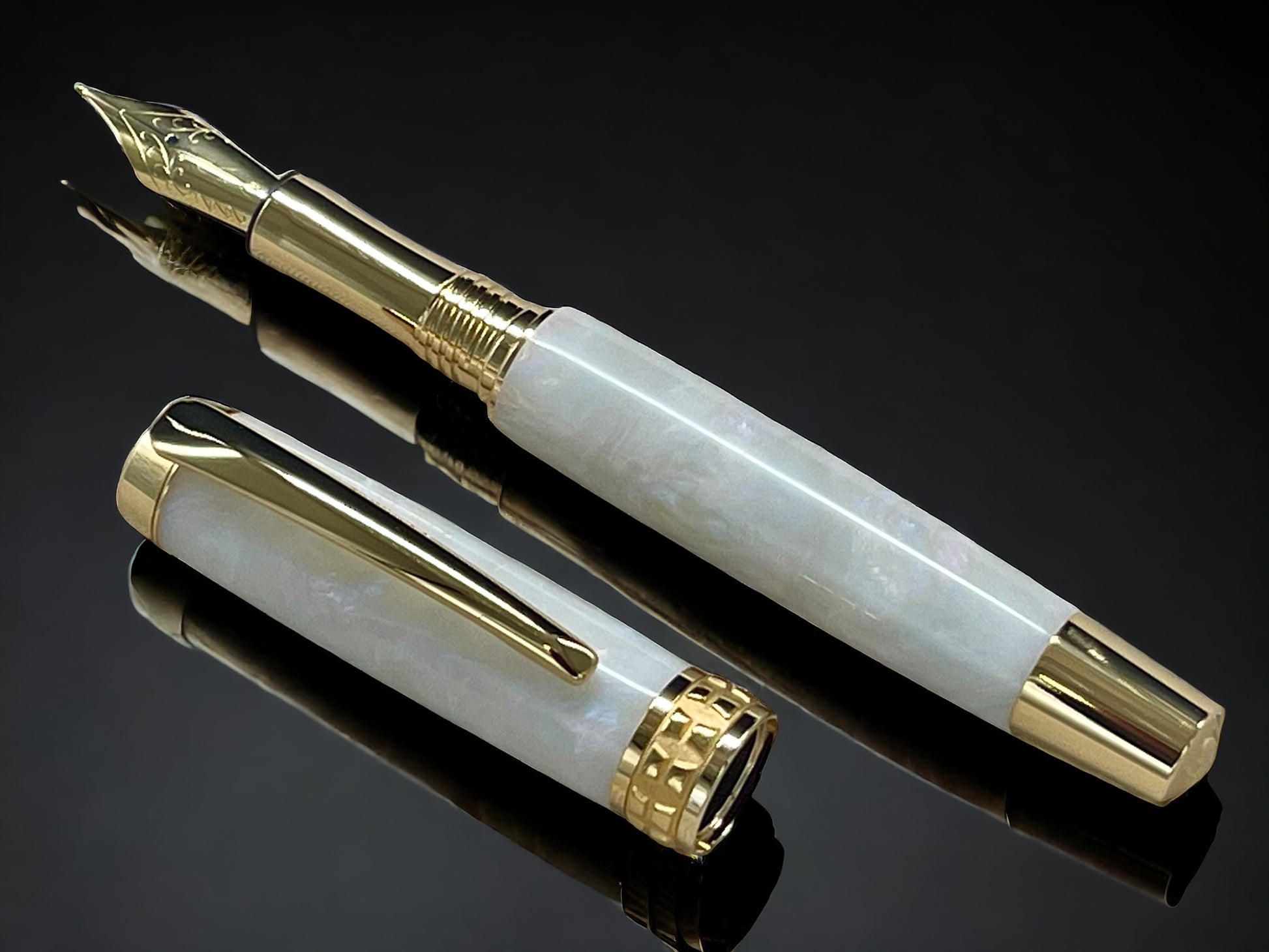 “Pearly Opal” One of a Kind, Handmade Custom Gold Acrylic Fountain Pen. Artisan Rare & Unique, Completely Handcrafted  in Colorado, USA - HighlanderPen