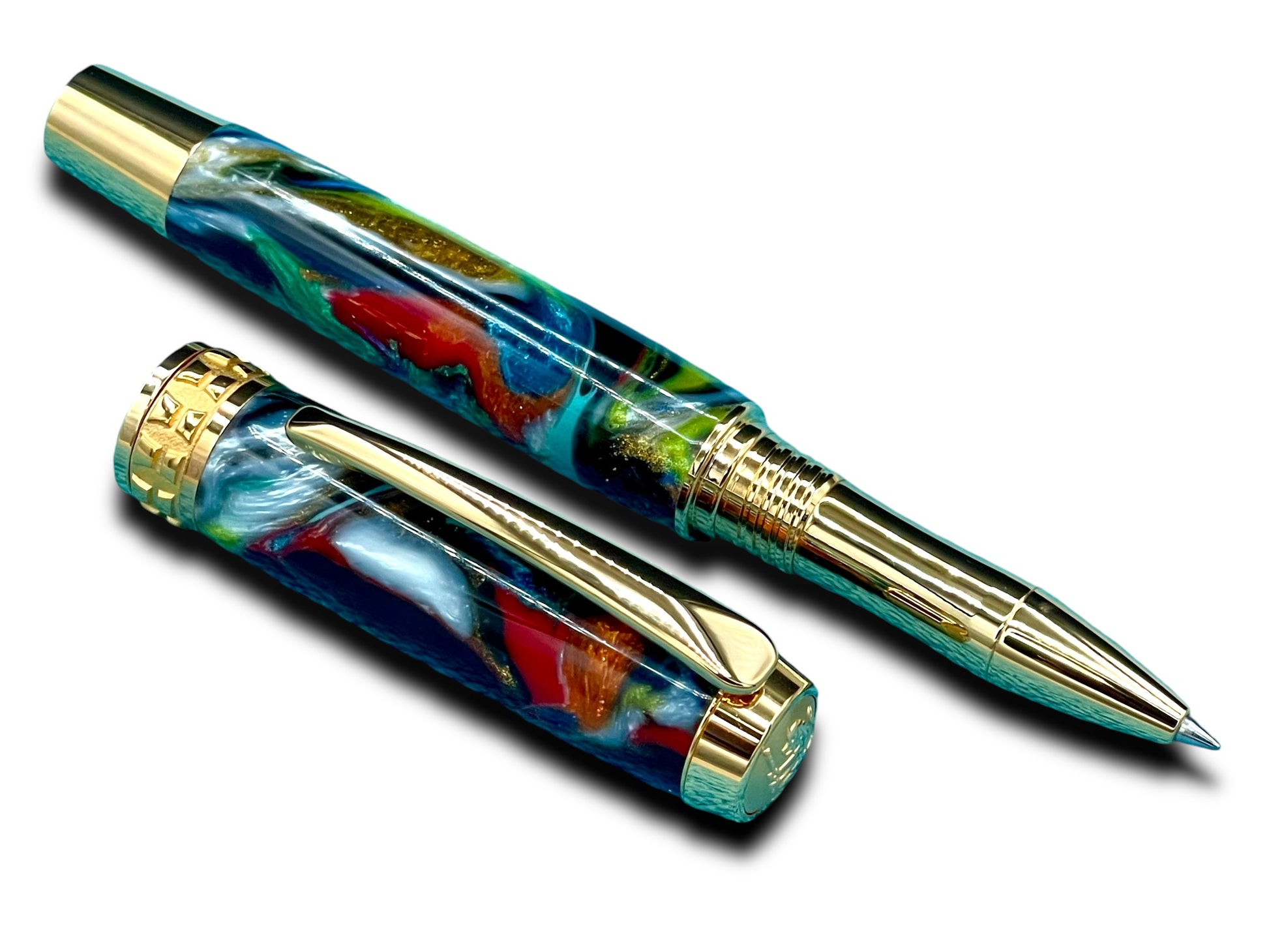 Elegant “Bright Swirls” Handcrafted Gold Rollerball Pen, One of a Kind, Handmade in Colorado. Ink, Velvet Sleeve, and Pen Box Included. - HighlanderPen