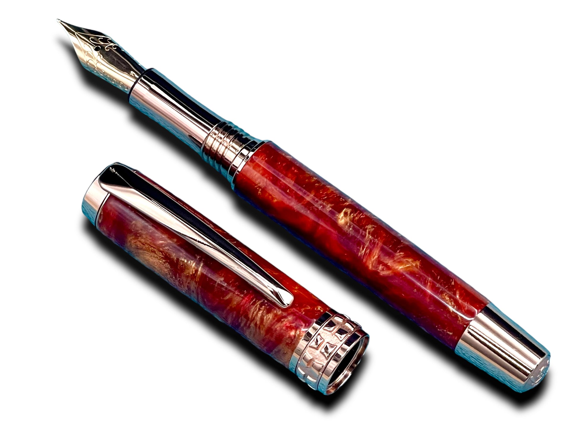 Striking “Copper on Fire” Rose Gold Fountain Pen, One of a Kind, Handmade in Colorado. Ink, Converter, Pen Sleeve & Box Included. - HighlanderPen