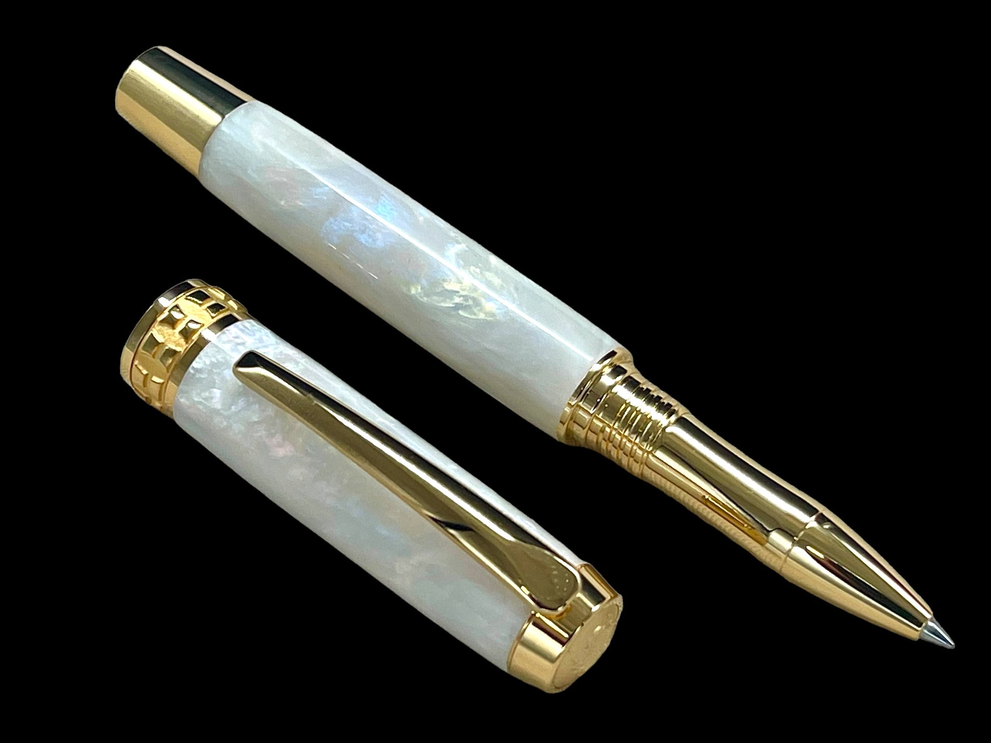 Elegant "Pearly Opal" Gold Rollerball Pen, Artisan Handcrafted Writing Instrument. Handmade Custom in Colorado. One of a Kind. - HighlanderPen