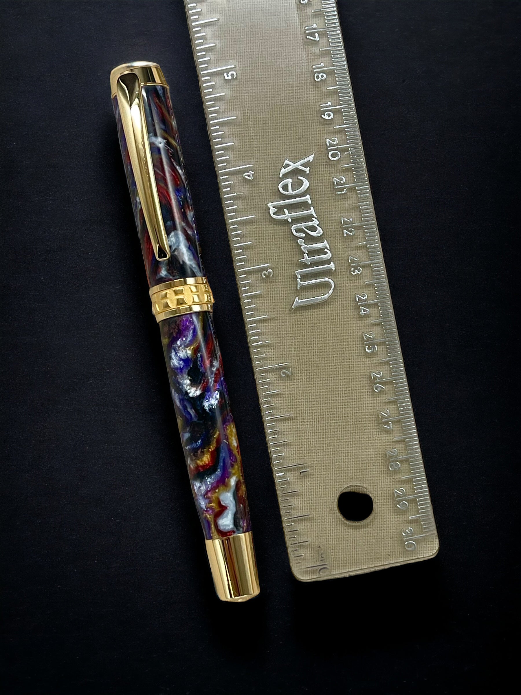 Whimsical Black, One of a Kind Gold “SKYE”, Handmade Custom Acrylic Rollerball Pen. Artisan Rare & Unique, Completely Handcrafted  in Co, USA - HighlanderPen