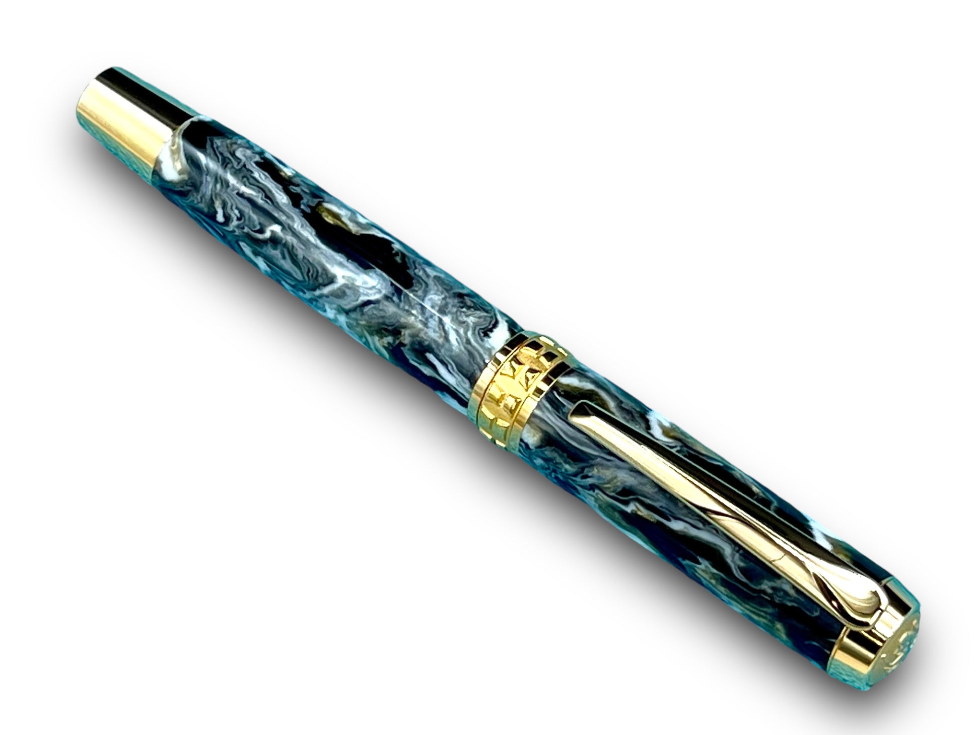 Elegant “Black/Gold Swirl” Handcrafted Luxury Gold Fountain Pen, One of a Kind, Handmade in Colorado. Ink, Converter, Sleeve, & Box Included - HighlanderPen