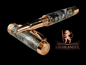 Red Gold “Smoky Quartz” Handmade Rollerball Pen. One of a Kind, Handcrafted by Highlander Pen in Colorado. Box, Sleeve, & Ink Included. [ML-RB-0201-02]