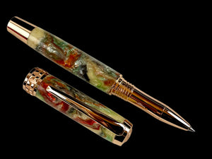 Rose Gold “Italian Quartz” Handmade Resin Rollerball Pen. One of a Kind, Handcrafted by Highlander Pen in CO. Box, Sleeve, & Ink Included. [ML-RB-1130-01]