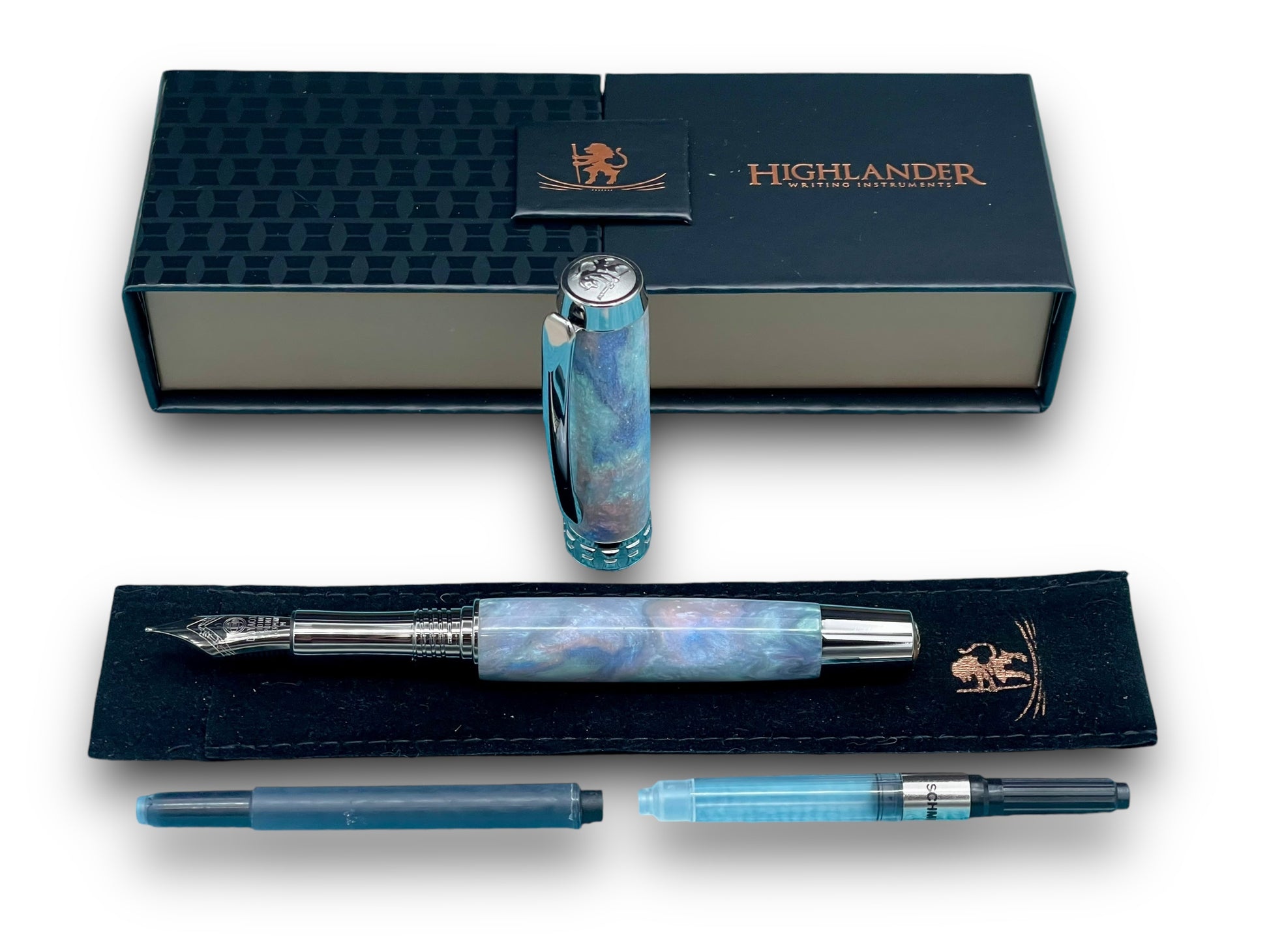 Elegant “Black Opal” Black Titanium Fountain Pen, Artisan Handcrafted Writing Instrument. Converter, Ink, Sleeve & Box Included. - HighlanderPen