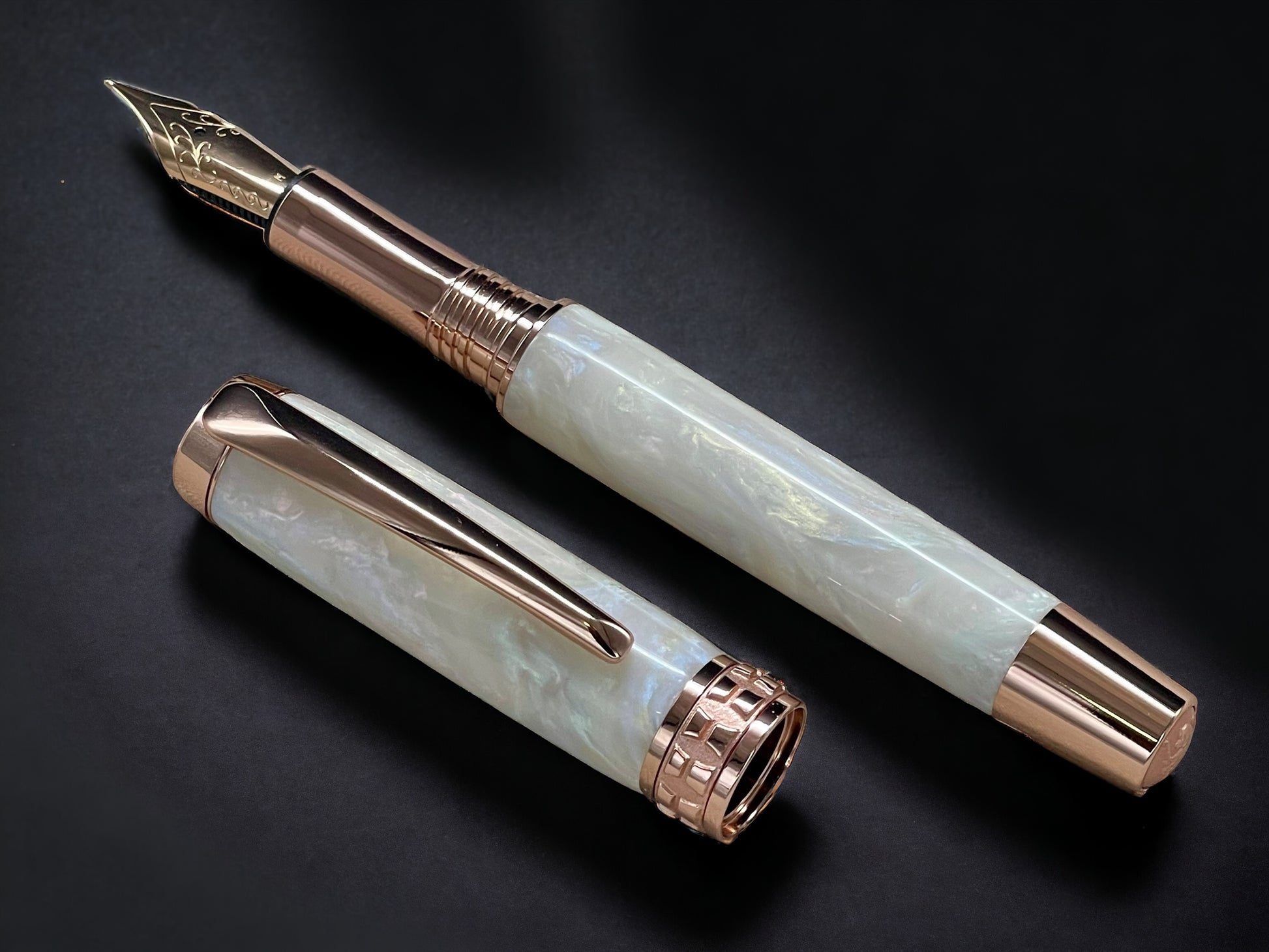 “Pearly Opal”, One of a Kind, Rose Gold, Handmade Custom Acrylic Fountain Pen. Artisan Rare & Unique, Completely Handcrafted in Colorado, USA - HighlanderPen