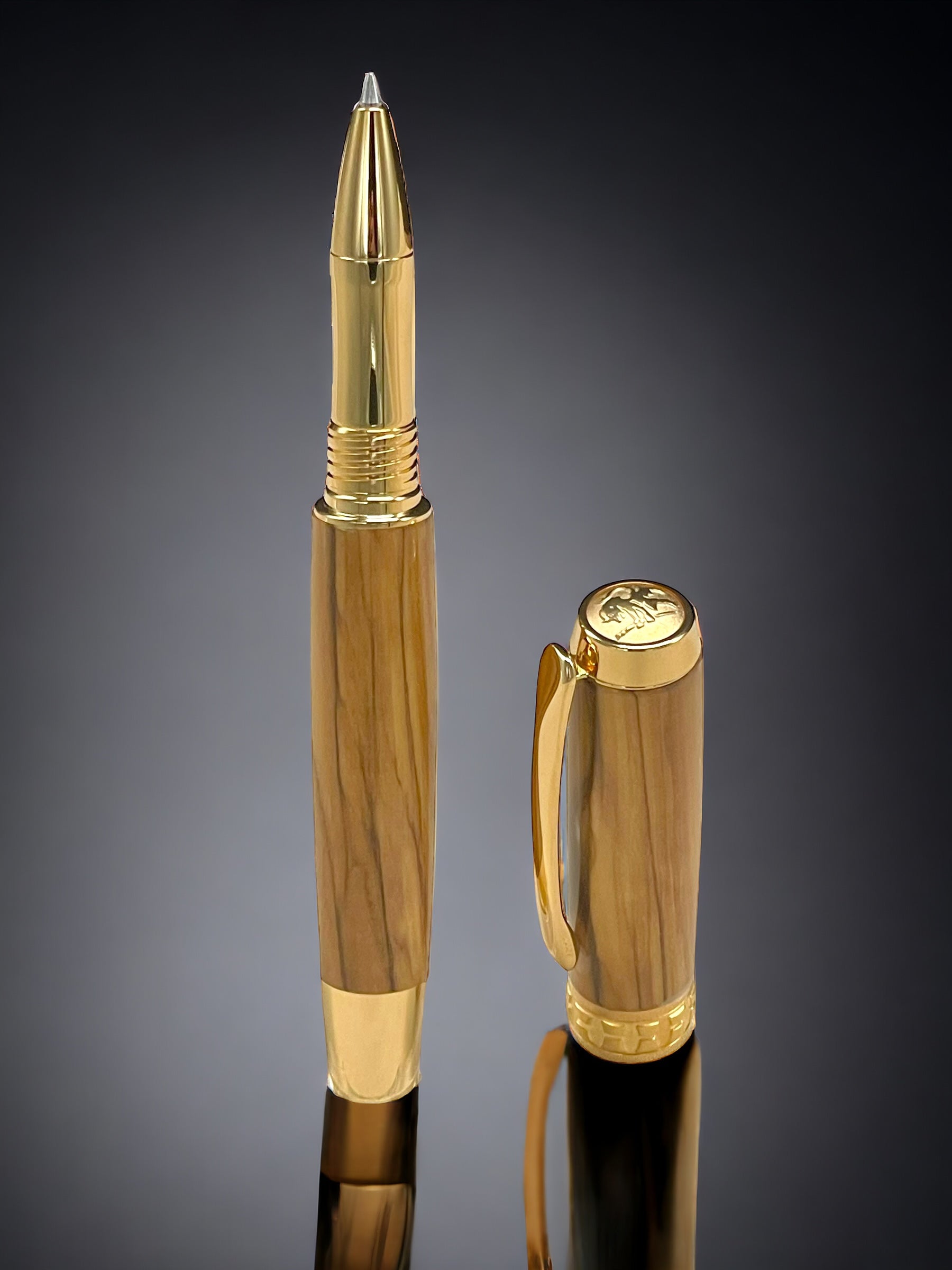 One of a Kind, Gold & Wood, Handmade Custom Bethlehem Olivewood Rollerball Pen. Artisan Rare & Unique, Completely Handcrafted in Co, USA - HighlanderPen